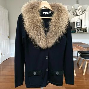 EUC Minnie Rose Merino Wool Fur Trim Cardigan Black Small S